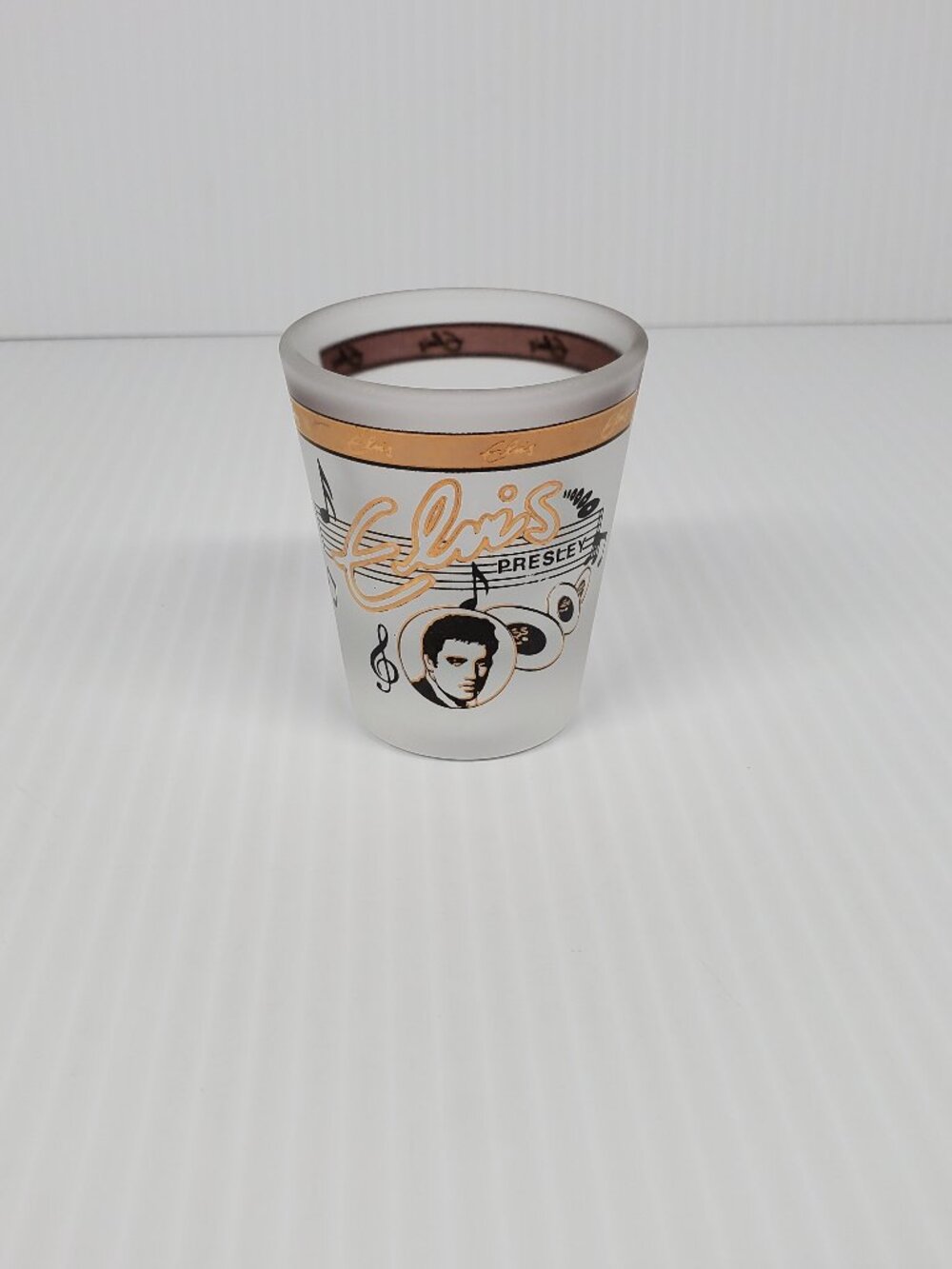 VTG Elvis Presley Frosted Clear Shot Glass w/Gold Lettering Musical Notes